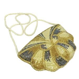 Vintage Beaded Evening Bag Retro 1980's disco style dressy purse cream gold gray